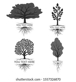 Set of text template designs with tree with roots silhouettes. Vector isolated Illustration.