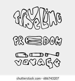 Set of text traveling slogans lettering. Bon voyage, traveling, freedom. Can be used on banners, cards. 