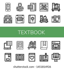Set of textbook icons such as Ebook, Bookstore, Reading, Book, Bookshelf, Romantic novel, Notebook , textbook
