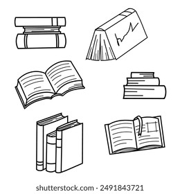 Conjunto de libros de texto, diccionarios, literatura. Pila de libros, cerrada y abierta. Ilustración vectorial moderna plana aislada sobre fondo blanco
