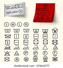 Set of textile care sign, laundry care icons, thin line design, textile labels with 
tissue structure red and white, vector