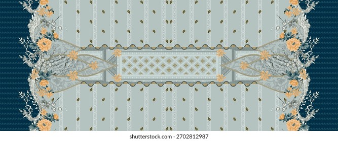 A set of Textile Design Digital motif beautiful modern style pattern in dupattas shirt and sleeves for women fabric printing. Multicolored Kurti ornamental uniquely hand draw flowers and Daman border.
