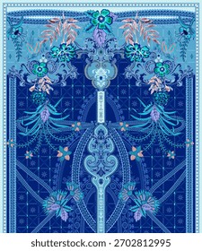 Un conjunto de diseño textil motivo digital hermoso patrón de estilo moderno en camisa dupattas y mangas para la impresión de tela de las mujeres. Multicolor ornamental Kurti dibuja flores a mano única y borde de Damán.