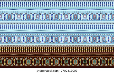 A set of Textile Design Digital motif beautiful modern style pattern in dupattas shirt and sleeves for women fabric printing. Multicolored Kurti ornamental uniquely hand draw flowers and Daman border.