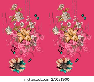 A set of Textile Design Digital motif beautiful modern style pattern in dupattas shirt and sleeves for women fabric printing. Multicolored Kurti ornamental uniquely hand draw flowers and Daman border.