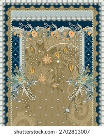 Un conjunto de diseño textil motivo digital hermoso patrón de estilo moderno en camisa dupattas y mangas para la impresión de tela de las mujeres. Multicolor ornamental Kurti dibuja flores a mano única y borde de Damán.