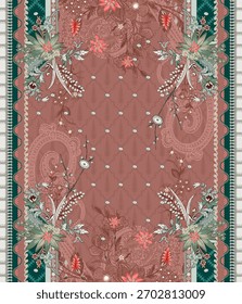 Ein Satz von Textile Design Digital Motiv schöne moderne Stil Muster in dupattas Hemd und Ärmeln für Frauen Stoffdruck. Mehrfarbige Kurti Zierpflanze einzigartig handgezeichnet Blumen und Daman Grenze.
