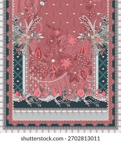 Ein Satz von Textile Design Digital Motiv schöne moderne Stil Muster in dupattas Hemd und Ärmeln für Frauen Stoffdruck. Mehrfarbige Kurti Zierpflanze einzigartig handgezeichnet Blumen und Daman Grenze.