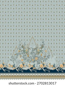 A set of Textile Design Digital motif beautiful modern style pattern in dupattas shirt and sleeves for women fabric printing. Multicolored Kurti ornamental uniquely hand draw flowers and Daman border.