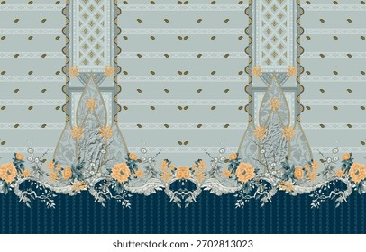 A set of Textile Design Digital motif beautiful modern style pattern in dupattas shirt and sleeves for women fabric printing. Multicolored Kurti ornamental uniquely hand draw flowers and Daman border.