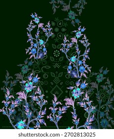 A set of Textile Design Digital motif beautiful modern style pattern in dupattas shirt and sleeves for women fabric printing. Multicolored Kurti ornamental uniquely hand draw flowers and Daman border.