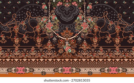 Um conjunto de Têxtil Design Digital motivo bonito estilo moderno padrão em dupattas camisa e mangas para impressão de tecido feminino. Multicolorido Kurti ornamental exclusivamente mão desenham flores e borda Daman.