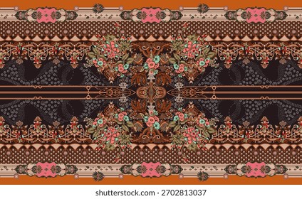 A set of Textile Design Digital motif beautiful modern style pattern in dupattas shirt and sleeves for women fabric printing. Multicolored Kurti ornamental uniquely hand draw flowers and Daman border.