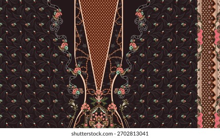 A set of Textile Design Digital motif beautiful modern style pattern in dupattas shirt and sleeves for women fabric printing. Multicolored Kurti ornamental uniquely hand draw flowers and Daman border.