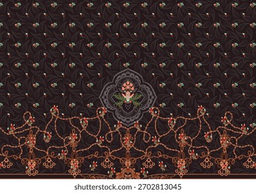 Ein Satz von Textile Design Digital Motiv schöne moderne Stil Muster in dupattas Hemd und Ärmeln für Frauen Stoffdruck. Mehrfarbige Kurti Zierpflanze einzigartig handgezeichnet Blumen und Daman Grenze.