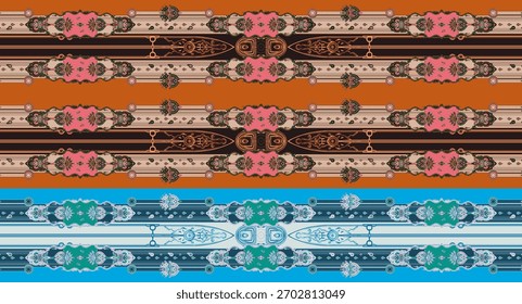 A set of Textile Design Digital motif beautiful modern style pattern in dupattas shirt and sleeves for women fabric printing. Multicolored Kurti ornamental uniquely hand draw flowers and Daman border.