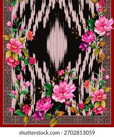 A set of Textile Design Digital motif beautiful modern style pattern in dupattas shirt and sleeves for women fabric printing. Multicolored Kurti ornamental uniquely hand draw flowers and Daman border.
