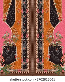 Un conjunto de diseño textil motivo digital hermoso patrón de estilo moderno en camisa dupattas y mangas para la impresión de tela de las mujeres. Multicolor ornamental Kurti dibuja flores a mano única y borde de Damán.