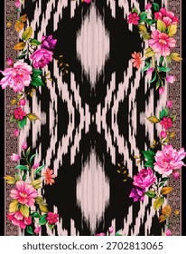 A set of Textile Design Digital motif beautiful modern style pattern in dupattas shirt and sleeves for women fabric printing. Multicolored Kurti ornamental uniquely hand draw flowers and Daman border.