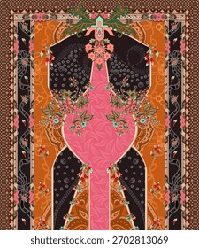 Un conjunto de diseño textil motivo digital hermoso patrón de estilo moderno en camisa dupattas y mangas para la impresión de tela de las mujeres. Multicolor ornamental Kurti dibuja flores a mano única y borde de Damán.