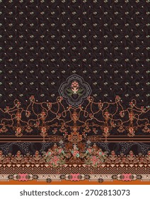 A set of Textile Design Digital motif beautiful modern style pattern in dupattas shirt and sleeves for women fabric printing. Multicolored Kurti ornamental uniquely hand draw flowers and Daman border.