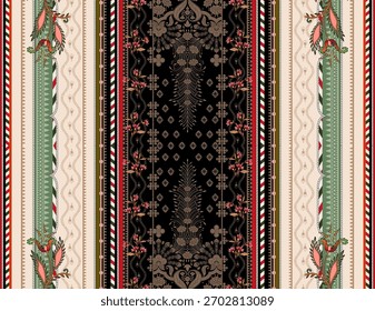 A set of Textile Design Digital motif beautiful modern style pattern in dupattas shirt and sleeves for women fabric printing. Multicolored Kurti ornamental uniquely hand draw flowers and Daman border.