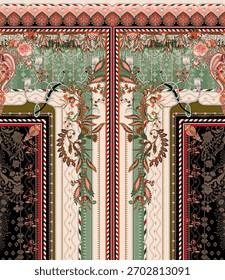 Un conjunto de diseño textil motivo digital hermoso patrón de estilo moderno en camisa dupattas y mangas para la impresión de tela de las mujeres. Multicolor ornamental Kurti dibuja flores a mano única y borde de Damán.