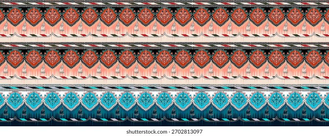 A set of Textile Design Digital motif beautiful modern style pattern in dupattas shirt and sleeves for women fabric printing. Multicolored Kurti ornamental uniquely hand draw flowers and Daman border.