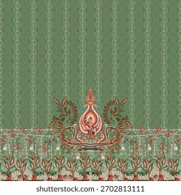 Un conjunto de diseño textil motivo digital hermoso patrón de estilo moderno en camisa dupattas y mangas para la impresión de tela de las mujeres. Multicolor ornamental Kurti dibuja flores a mano única y borde de Damán.