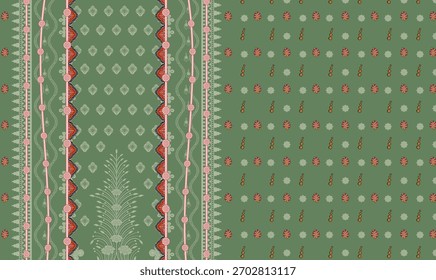 A set of Textile Design Digital motif beautiful modern style pattern in dupattas shirt and sleeves for women fabric printing. Multicolored Kurti ornamental uniquely hand draw flowers and Daman border.