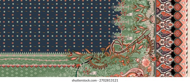 A set of Textile Design Digital motif beautiful modern style pattern in dupattas shirt and sleeves for women fabric printing. Multicolored Kurti ornamental uniquely hand draw flowers and Daman border.