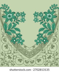 Un conjunto de diseño textil motivo digital hermoso patrón de estilo moderno en camisa dupattas y mangas para la impresión de tela de las mujeres. Multicolor ornamental Kurti dibuja flores a mano única y borde de Damán.