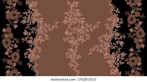 A set of Textile Design Digital motif beautiful modern style pattern in dupattas shirt and sleeves for women fabric printing. Multicolored Kurti ornamental uniquely hand draw flowers and Daman border.