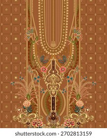 A set of Textile Design Digital motif beautiful modern style pattern in dupattas shirt and sleeves for women fabric printing. Multicolored Kurti ornamental uniquely hand draw flowers and Daman border.