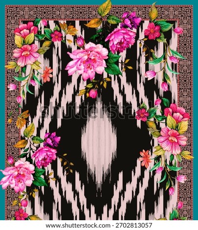 A set of Textile Design Digital motif beautiful modern style pattern in dupattas shirt and sleeves for women fabric printing. Multicolored Kurti ornamental uniquely hand draw flowers and Daman border.