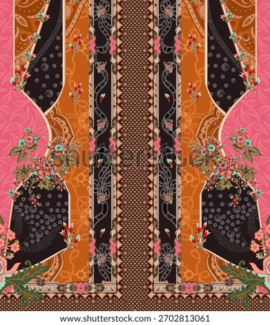 A set of Textile Design Digital motif beautiful modern style pattern in dupattas shirt and sleeves for women fabric printing. Multicolored Kurti ornamental uniquely hand draw flowers and Daman border.