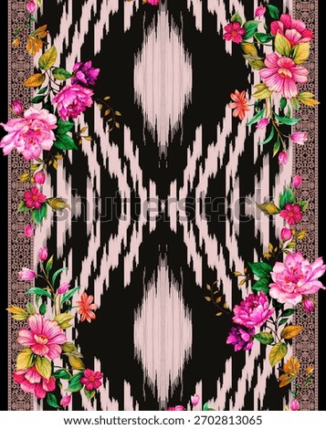 A set of Textile Design Digital motif beautiful modern style pattern in dupattas shirt and sleeves for women fabric printing. Multicolored Kurti ornamental uniquely hand draw flowers and Daman border.