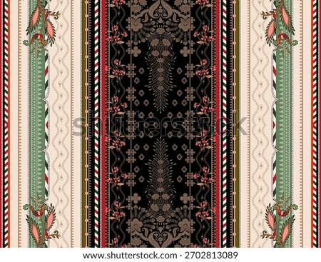 A set of Textile Design Digital motif beautiful modern style pattern in dupattas shirt and sleeves for women fabric printing. Multicolored Kurti ornamental uniquely hand draw flowers and Daman border.