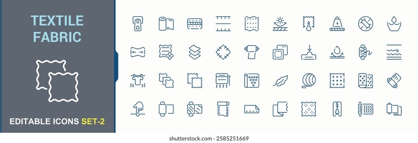 Set of Textile Fabric line icons. It contains symbols to synthetic, label, cutting, soft, angora, thread, sheep, rabbit. Minimalistic icons.