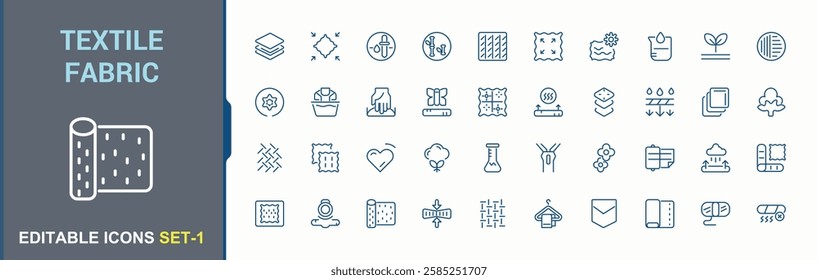 Set of Textile Fabric line icons. It contains symbols to synthetic, label, cutting, soft, angora, thread, sheep, rabbit. Minimalistic icons.