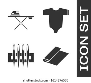 Set Textile fabric roll, Electric iron and ironing board, Needle for sewing and Baby clothes icon. Vector