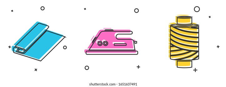 Set Textile fabric roll, Electric iron and Sewing thread on spool icon. Vector