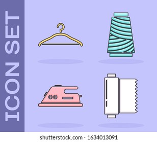 Set Textile fabric roll, Hanger wardrobe, Electric iron and Sewing thread on spool icon. Vector