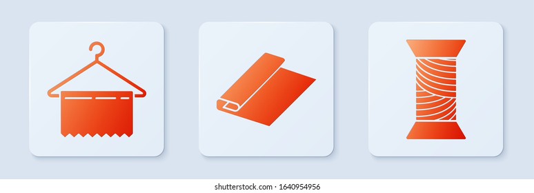 Set Textile fabric roll, Hanger wardrobe and Sewing thread on spool. White square button. Vector