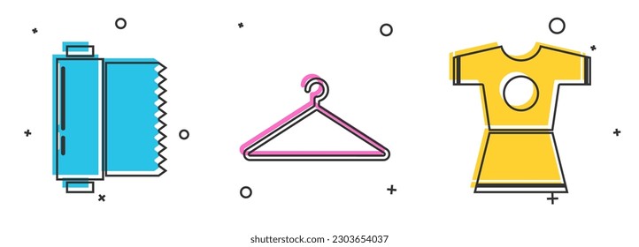 Set Textile fabric roll, Hanger wardrobe and Woman dress icon. Vector