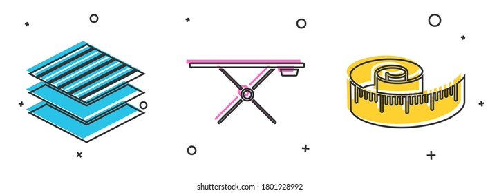 Set Textile fabric roll, Ironing board and Tape measure icon. Vector