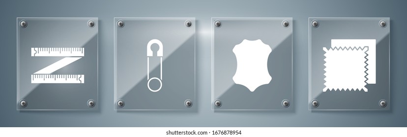 Ajuste el rollo de tela textil, cuero, clavija de acero cerrado clásico y medida de cinta. Paneles de vidrio cuadrado. Vector