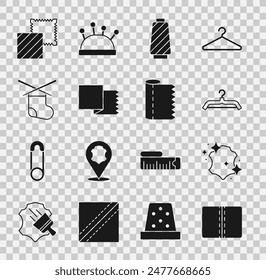 Set Textile fabric roll, Leather, Hanger wardrobe, Sewing thread on spool, Knitting needles,  and  icon. Vector