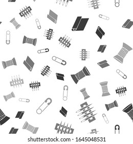 Set Textile fabric roll, Needle for sewing, Sewing thread on spool and Classic closed steel safety pin on seamless pattern. Vector