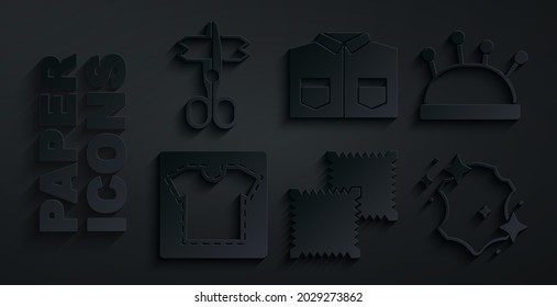 Setzen Sie Textile Rolle Gewebe, Nadeln und Bett Nadeln, Nähmuster, Leder, Shirt und Scheren Symbol. Vektorgrafik